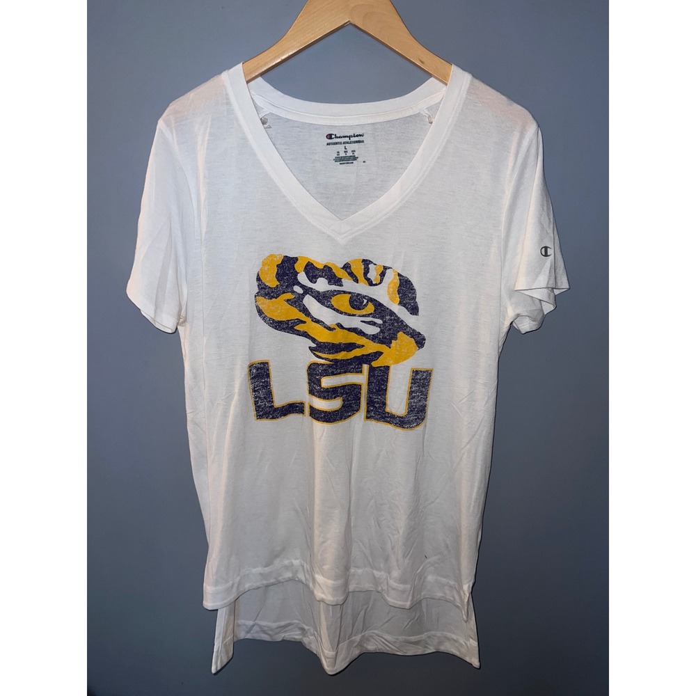 Champion LSU Tigers V-Neck High Low‎ T-Shirt White Large Women NCAA